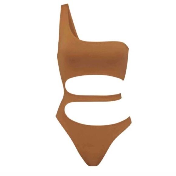 Skims 3X Cut Out One Piece Swimsuit Travel Monokini One-Shoulder Almond Tan New - Picture 10 of 12